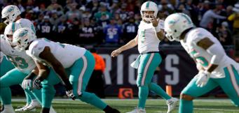 Il quarterback dei Miami Dolphins Ryan Fitzpatrick, sulla linea di scrimmage nella sfida contro i New England Patriots.
